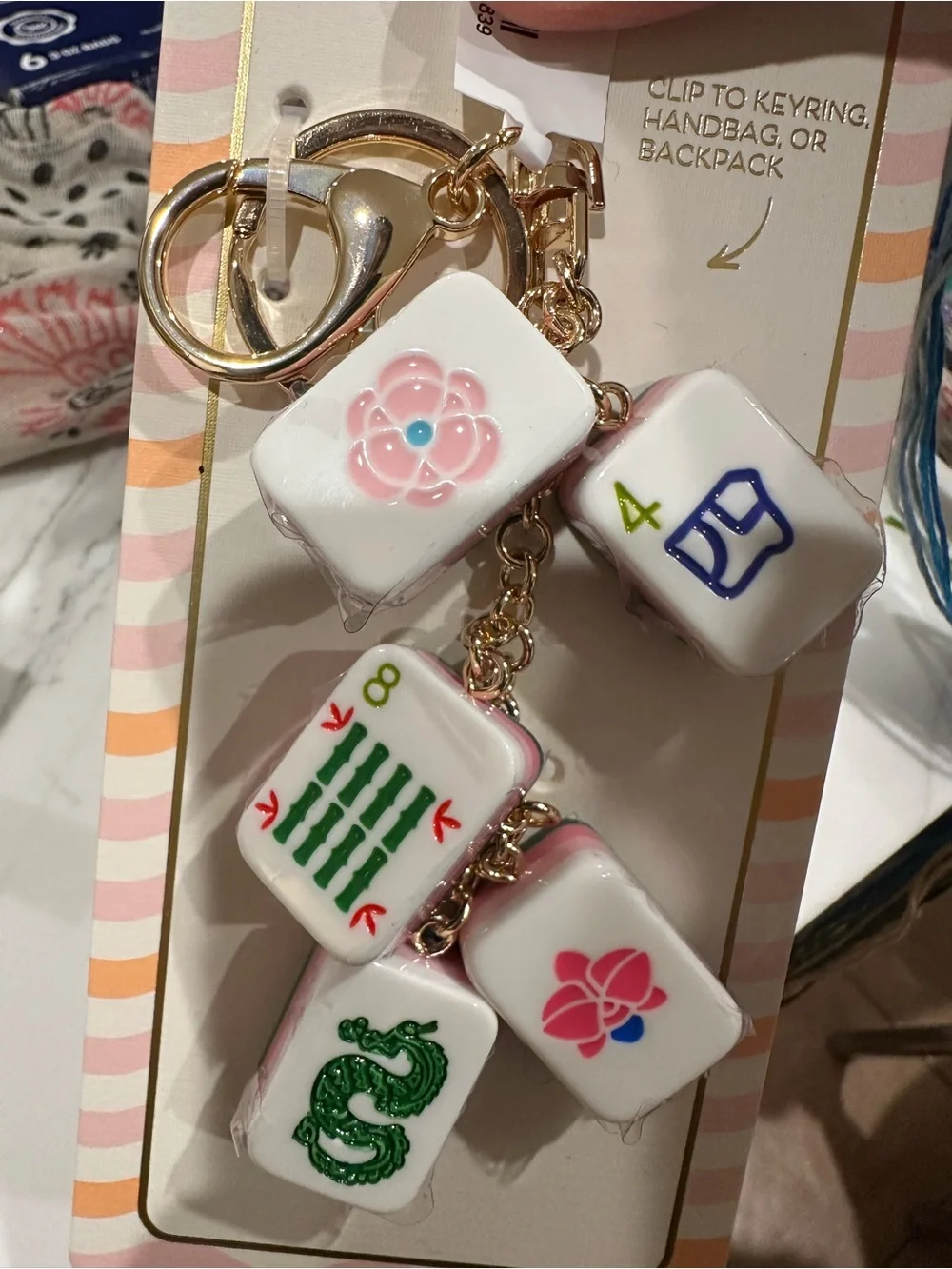 Gold Mahjong Tile Keychain with Pink & Green Accents